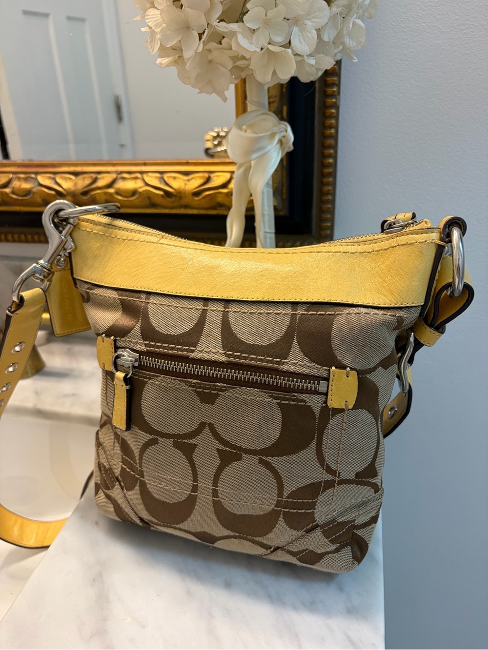 Coach Brown Signature Canvas Crossbody with Yellow Trim